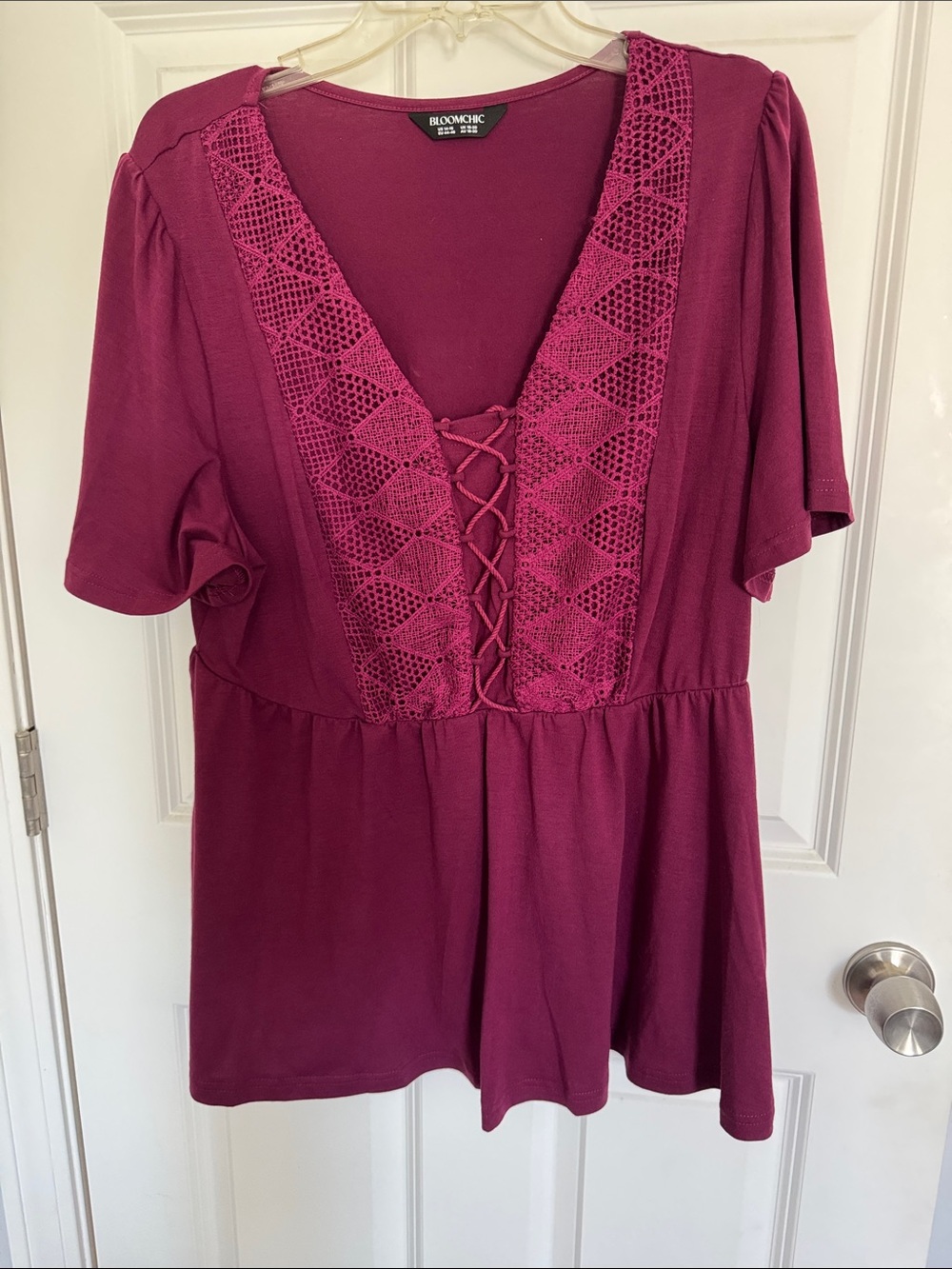 Lace-Up V-Neck Peplum Top - Berry